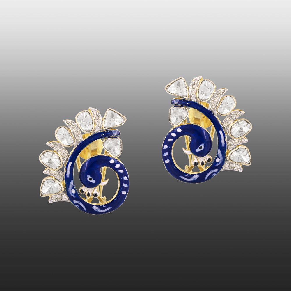 Peacock Earrings with Blue Enamel, Shimmering Diamonds and Polkis
